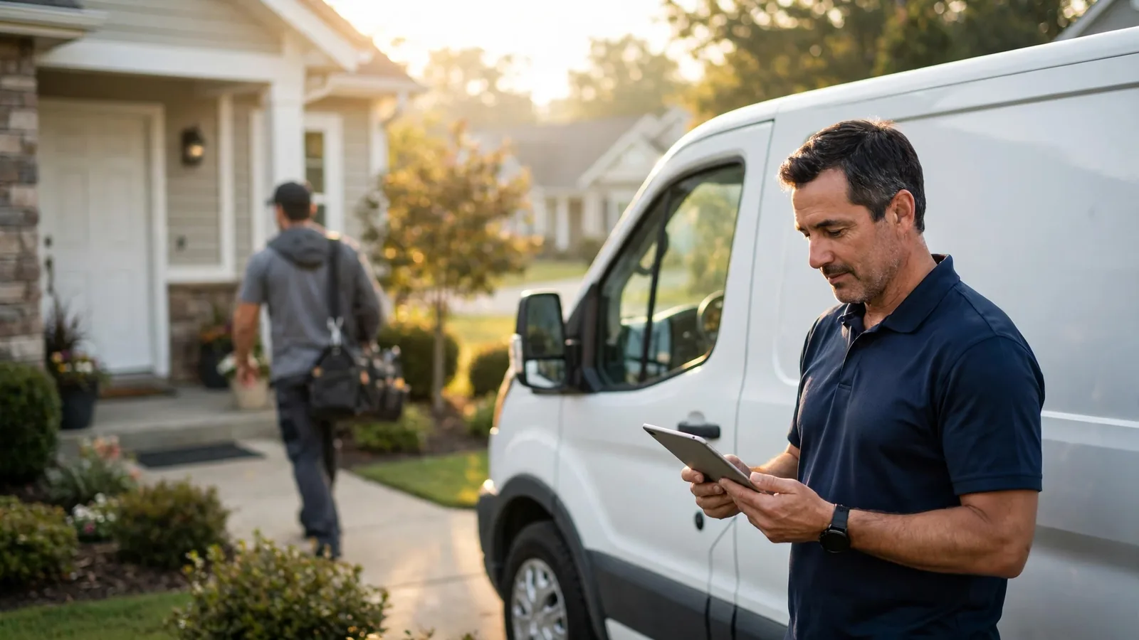 Owner of a plumbing company checking a tablet beside a service van at a suburban home in the morning